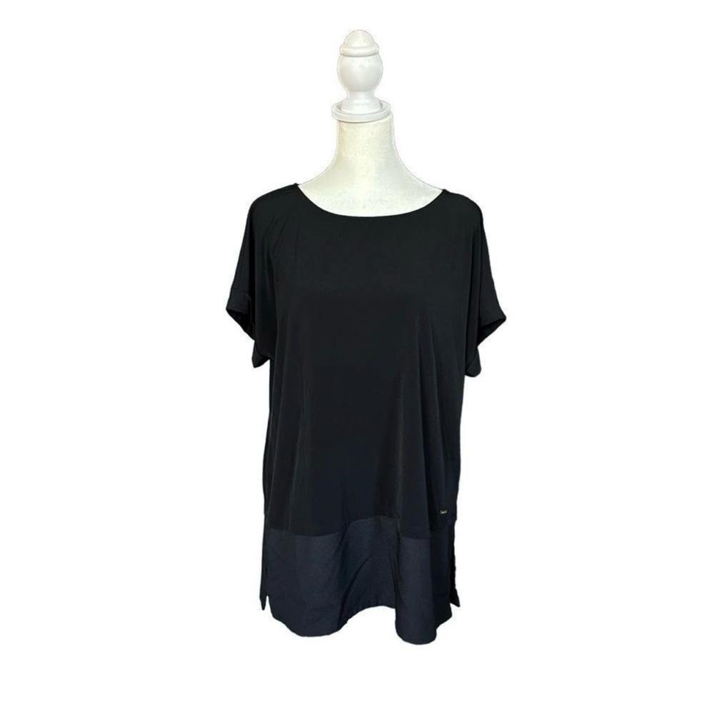 Calvin Klein Black Short Sleeve Layered Round Neck Loose Fit Blouse Sz Medium